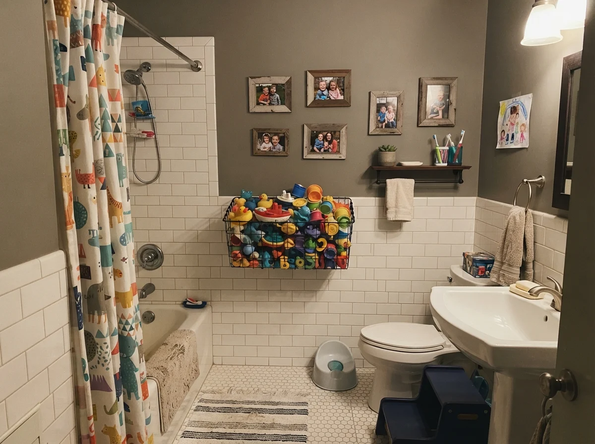 Kids' bathroom with Chelsea Gray upper walls, white subway tile, and a basket of bath toys.