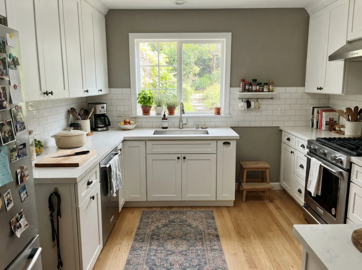 Kitchen shaker cabinets painted Chelsea Gray with white backsplash and light oak floors.