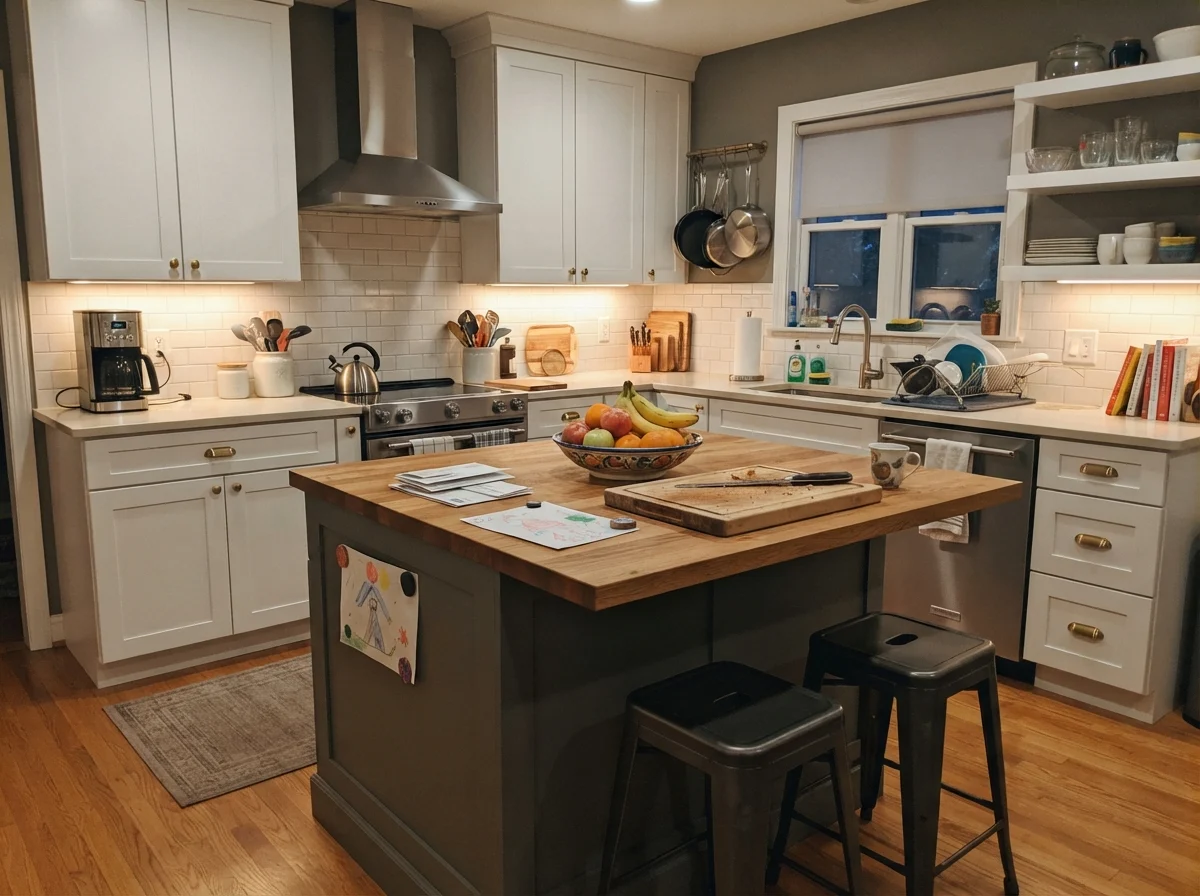 Family kitchen with Chelsea Gray painted island surrounded by white cabinets and cream walls.