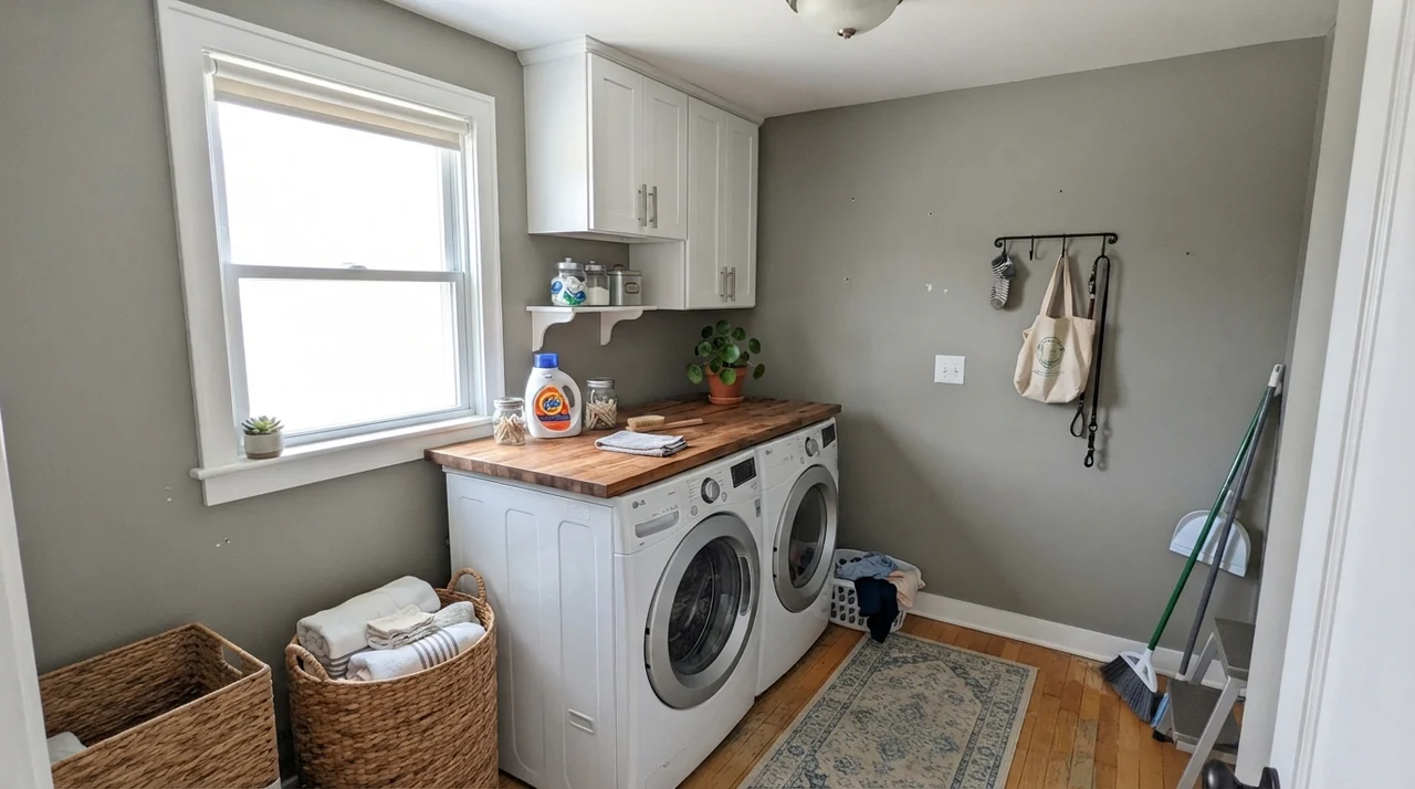 Bright laundry room with Chelsea Gray walls, white appliances, and butcher block counter.