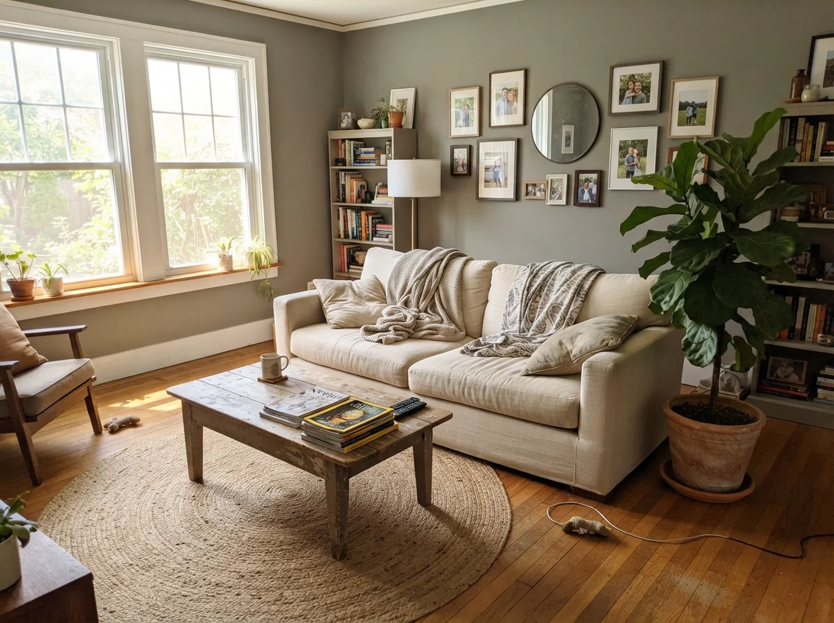 Living room with Chelsea Gray walls, linen couch, jute rug, and coffee table under abundant daylight.