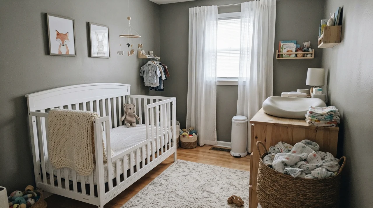 Nursery with Chelsea Gray walls, white crib, and light wood dresser changing table.