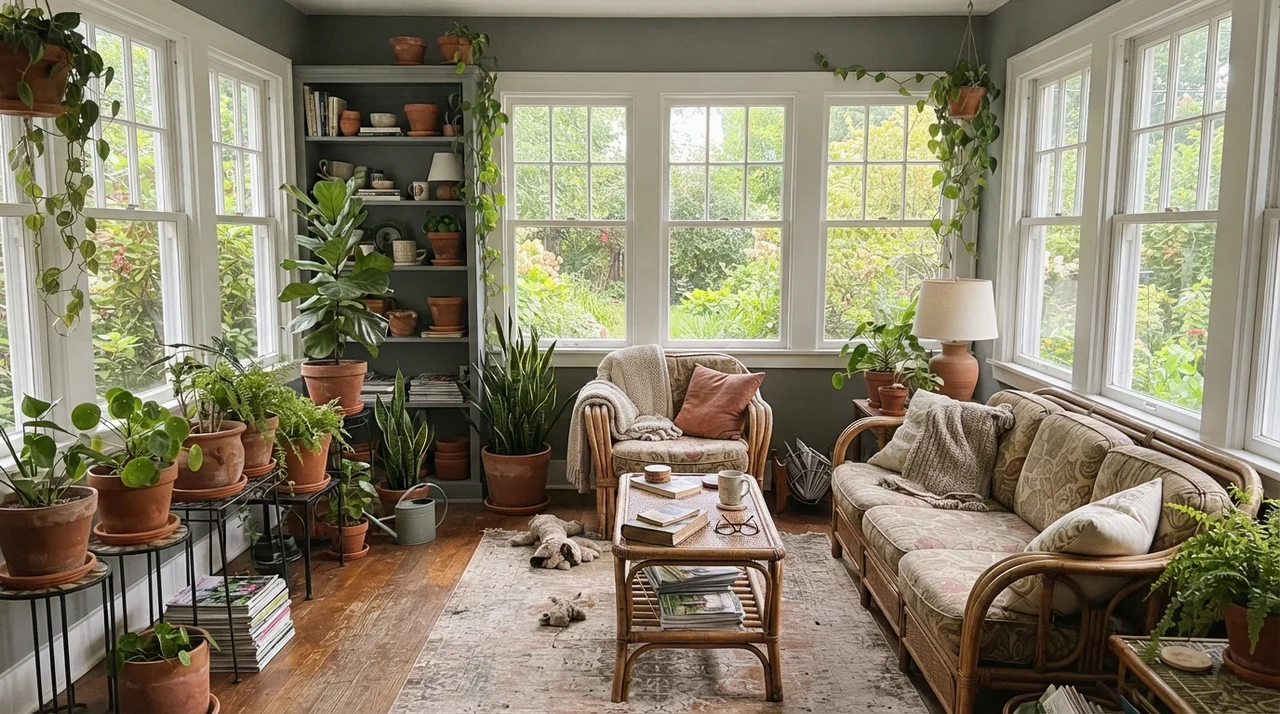 Sunroom with Chelsea Gray walls between large white windows filled with plants and rattan seating.