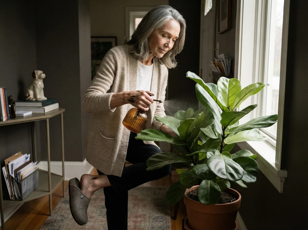 Susan Hartley misting a fiddle-leaf fig in a hallway with Chelsea Gray walls.