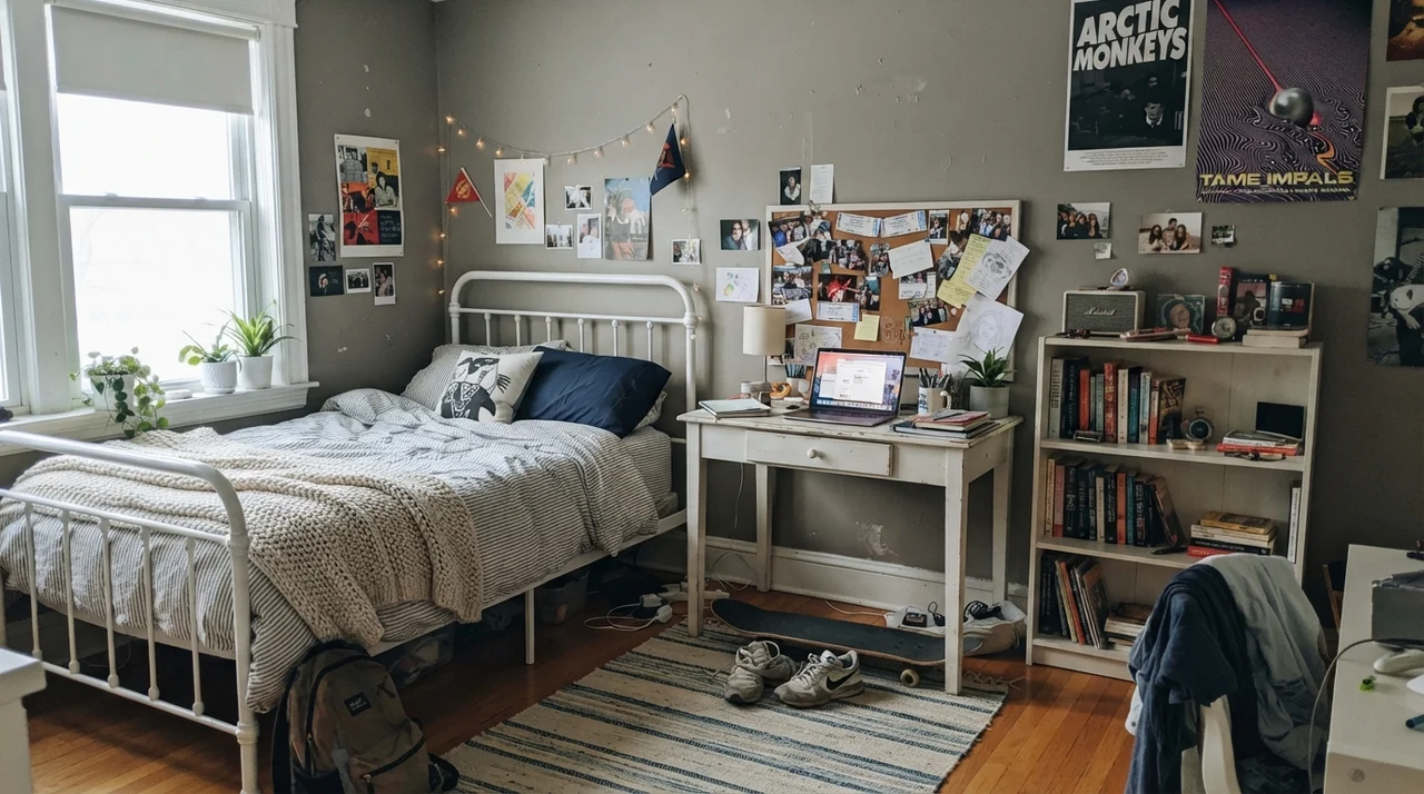 Teenager room with painted Chelsea Gray walls, white desk, and metal bed frame.