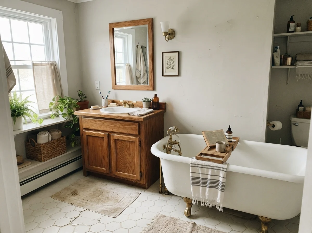 Cottage bathroom with white clawfoot tub, hex tile floor, and Classic Gray walls.