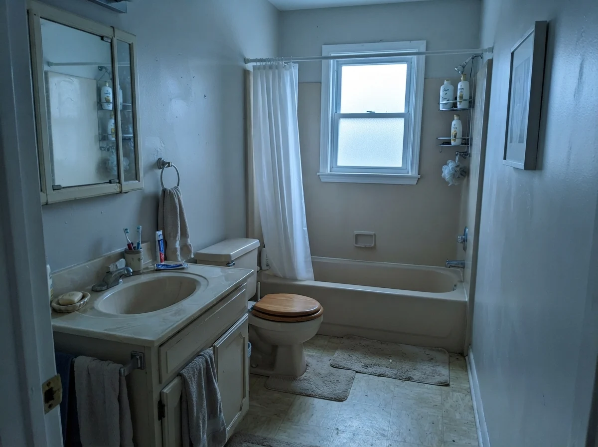 Dated bathroom showing cooler cast of Classic Gray under north light.