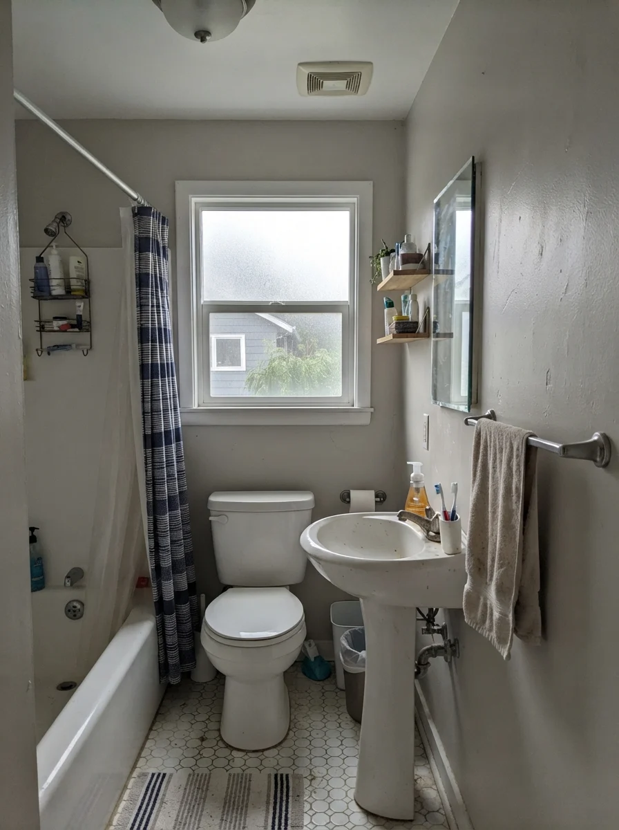 Small bathroom with Classic Gray walls under overcast daylight.