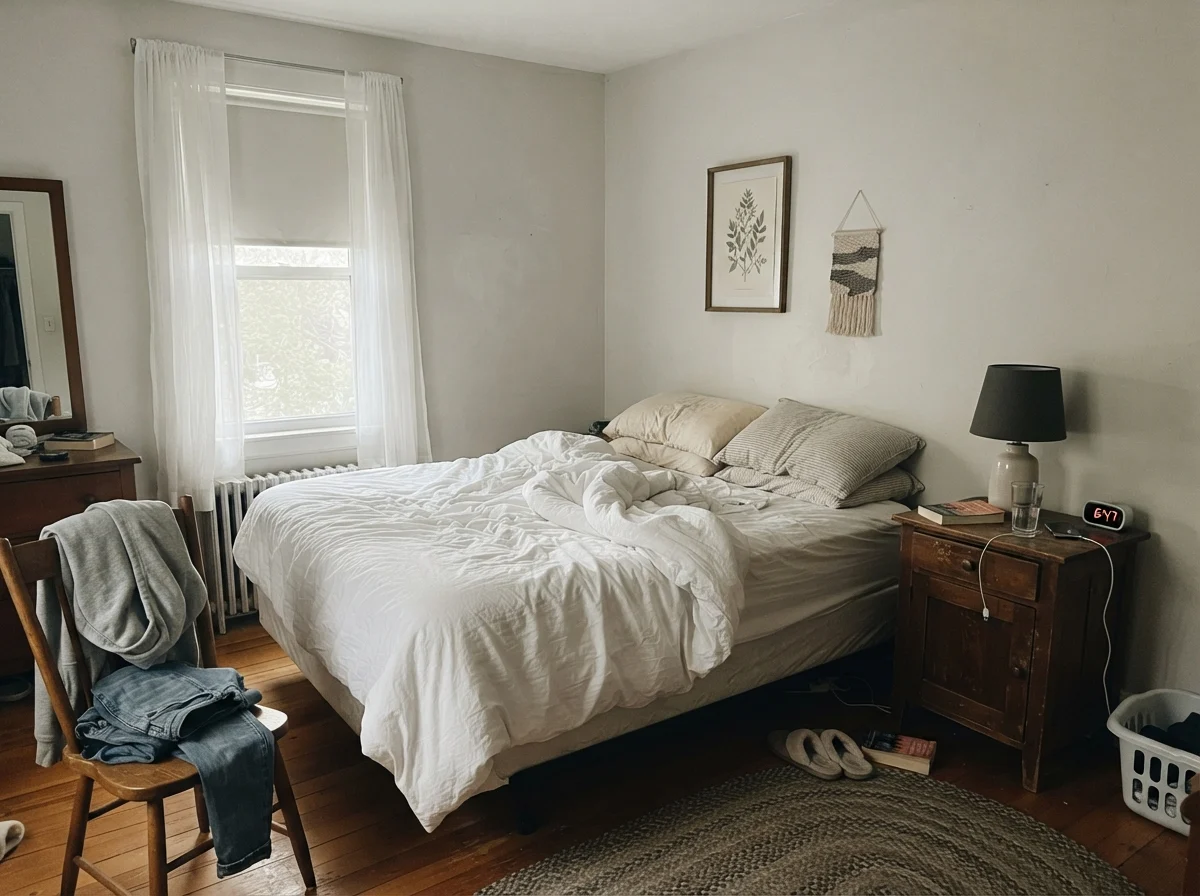 Bedroom in cool early morning daylight with walls painted Classic Gray.