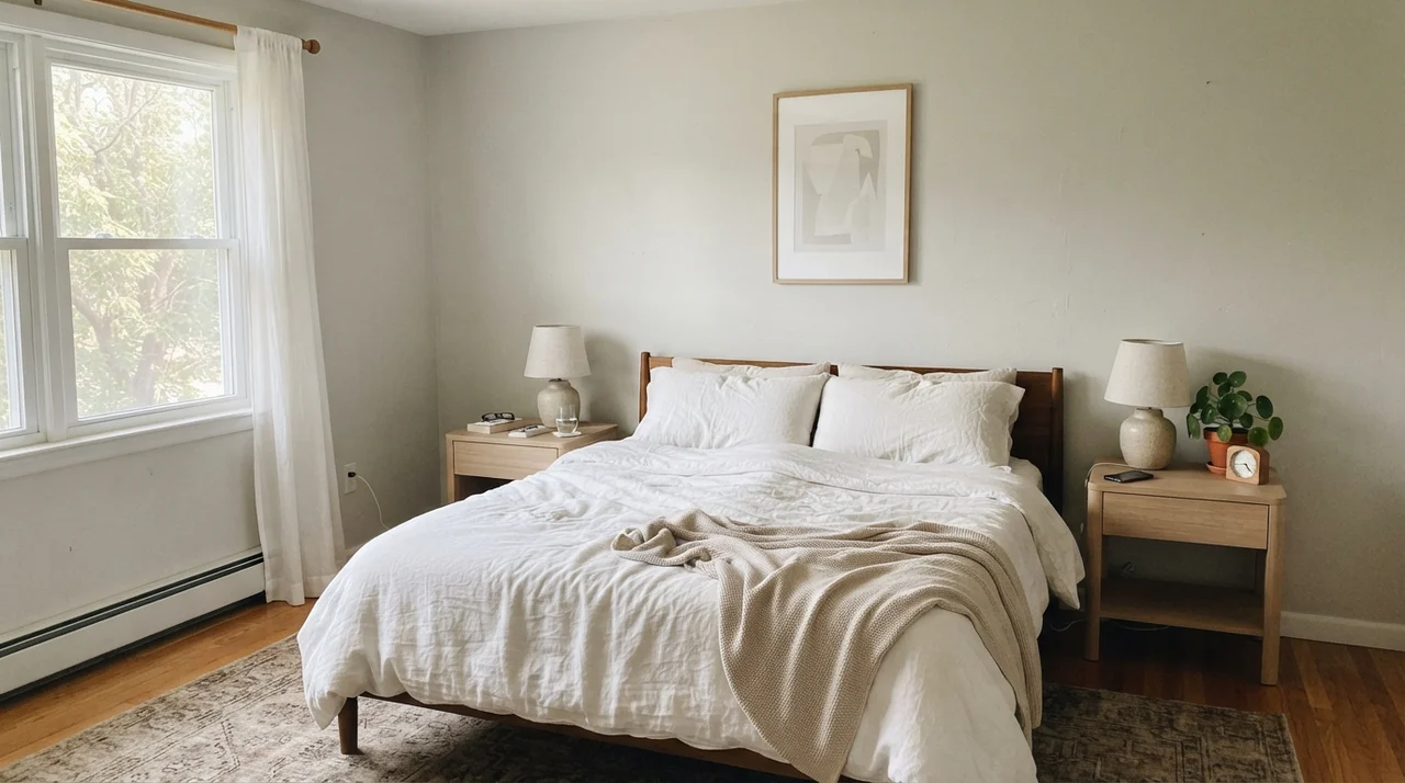 Main bedroom with serene Classic Gray walls, white linen bedding, and pale oak furniture.