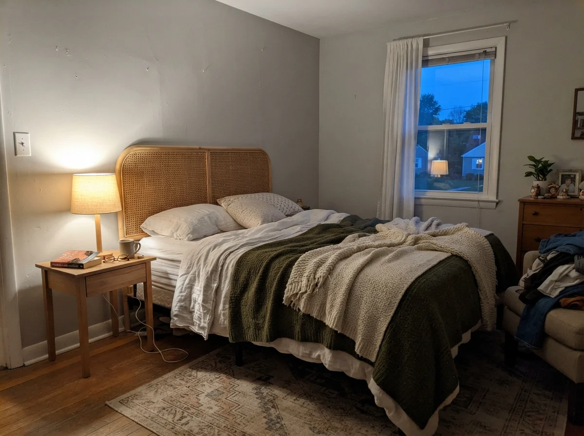 Bedroom at dusk with warm table lamp lighting Classic Gray walls.