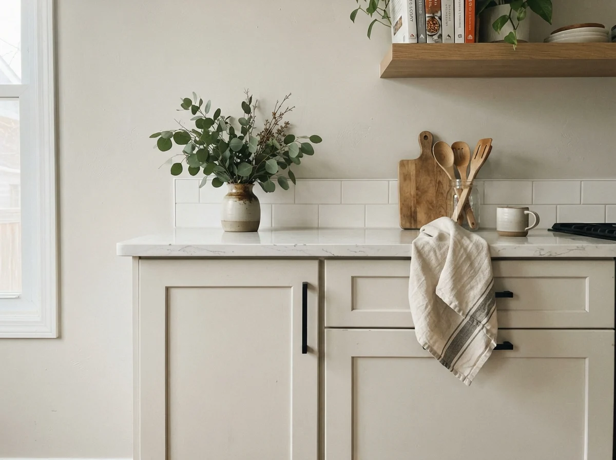 Close-up of Classic Gray cabinet doors with matte black handles and white quartz counter.