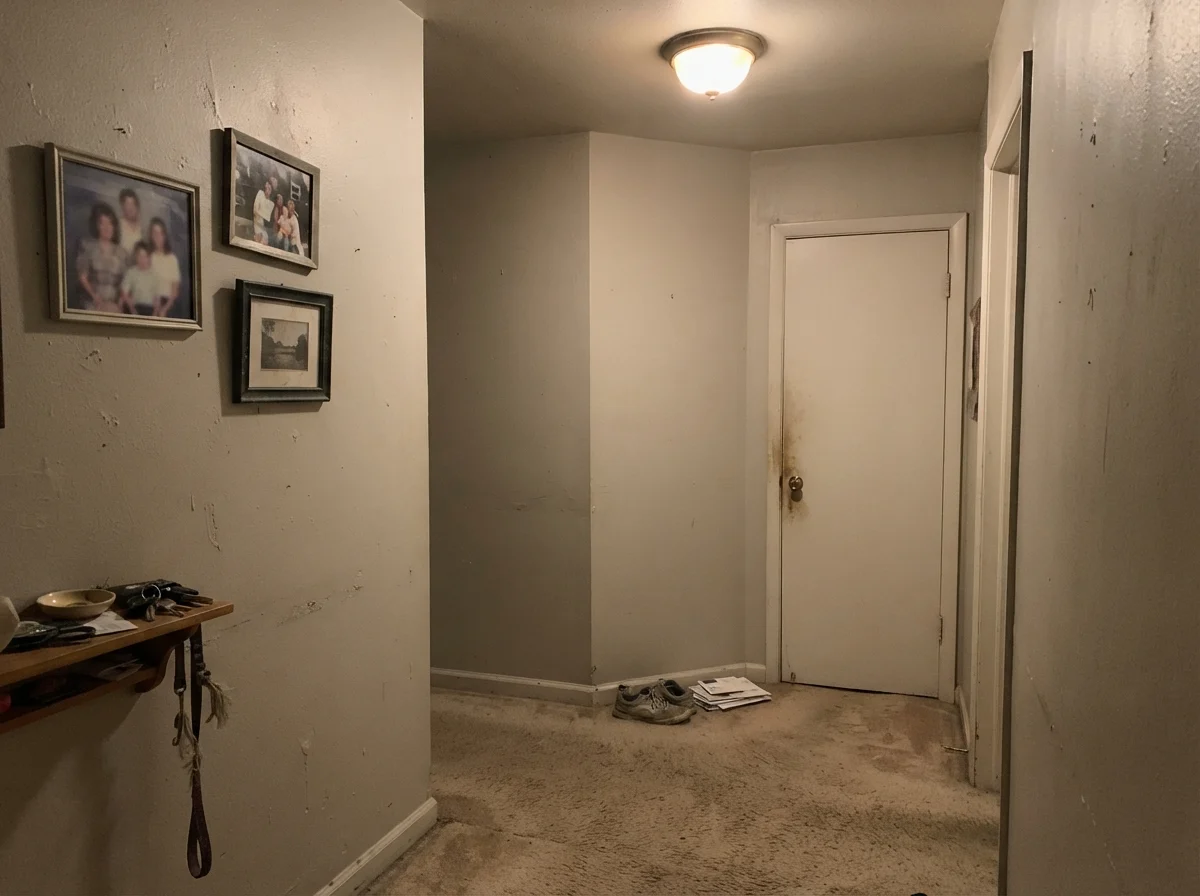 Windowless hallway corner showing Classic Gray looking flat, muddy, and dingy under a single bulb.