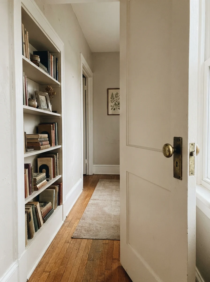 Hallway interior door and built-in bookcase painted Classic Gray against cream walls.