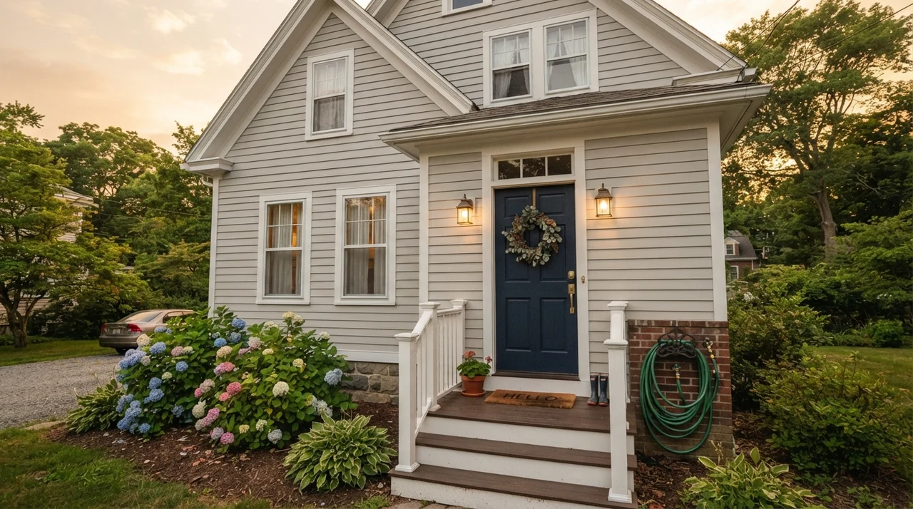 Home exterior with siding in Classic Gray, white trim, dark navy front door, and hydrangeas.