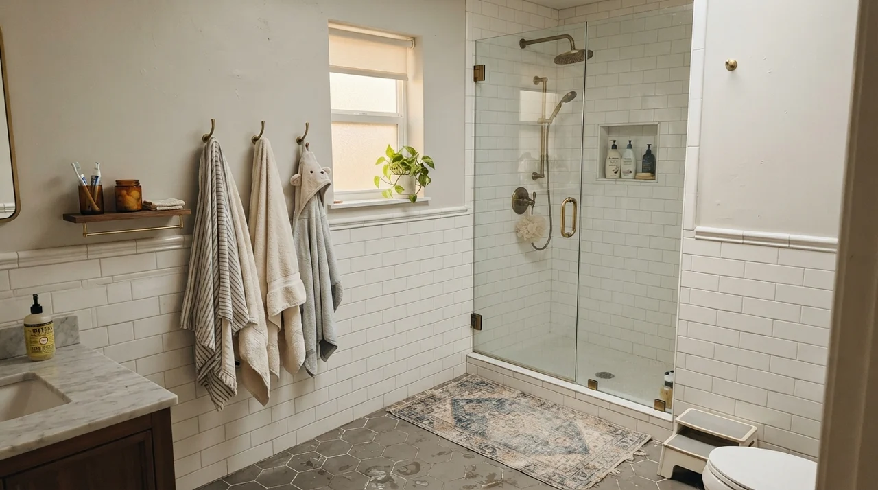 Family bathroom with Classic Gray upper walls above white subway tile wainscot and brass fixtures.