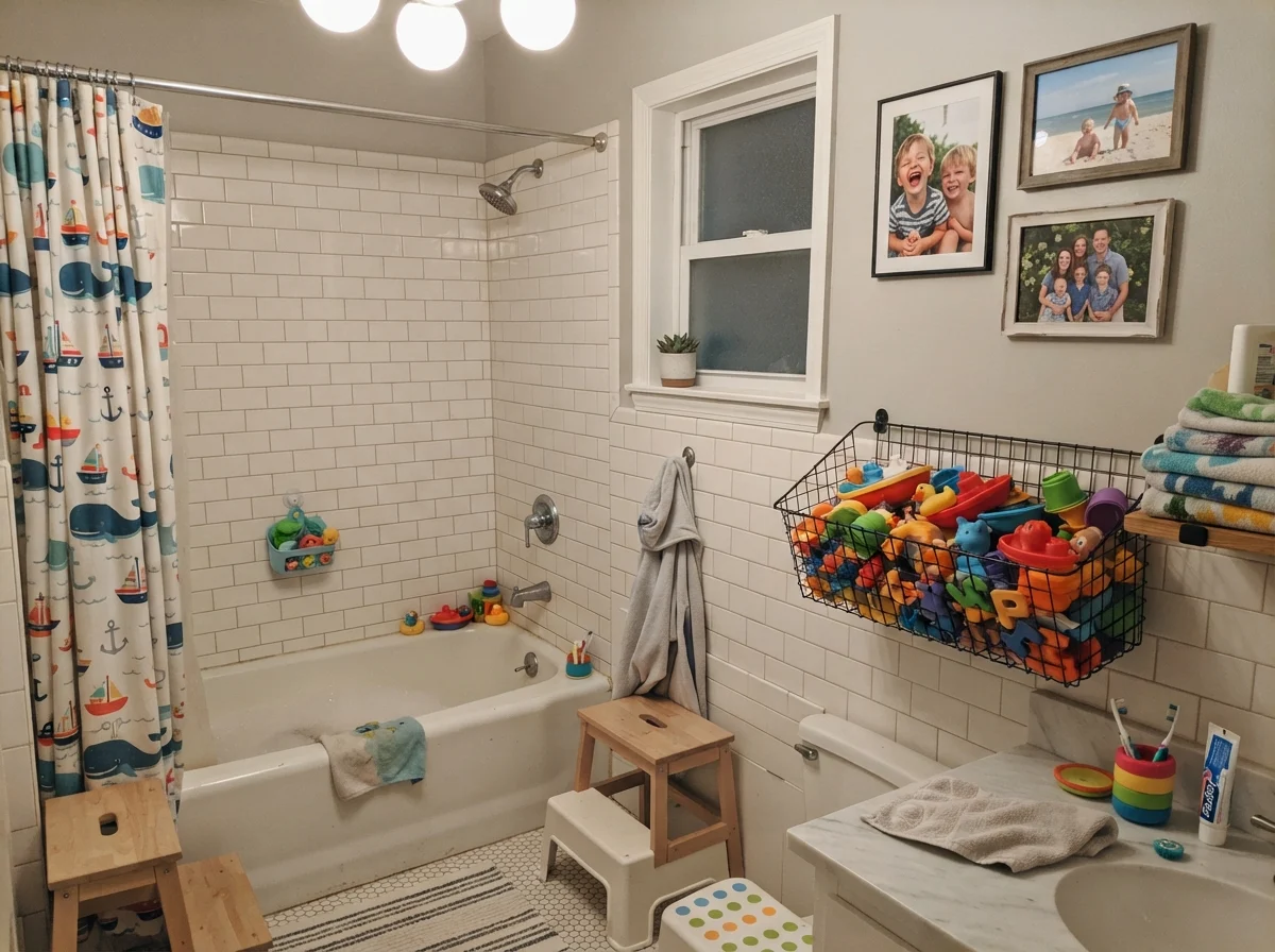 Kids' bathroom with Classic Gray walls over white subway tile wainscoting.