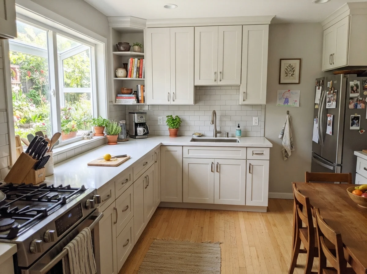 Kitchen shaker cabinets painted Classic Gray with white subway tile and white countertops.