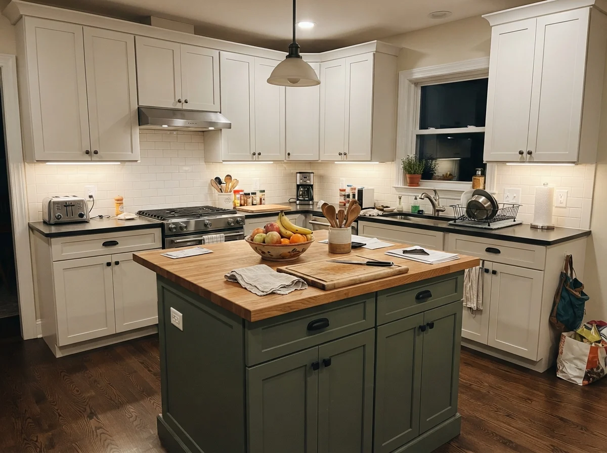 Family kitchen showing an island painted Classic Gray with white surround cabinets.