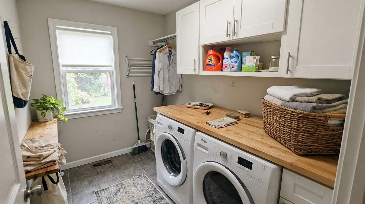 Bright laundry room with Classic Gray walls, butcher block counter, and white cabinets.