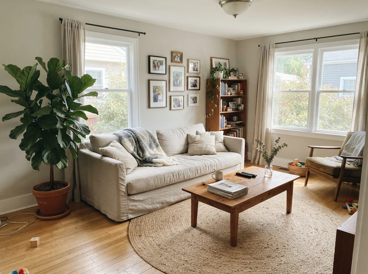 Living room filled with generous midday sun on Classic Gray walls.