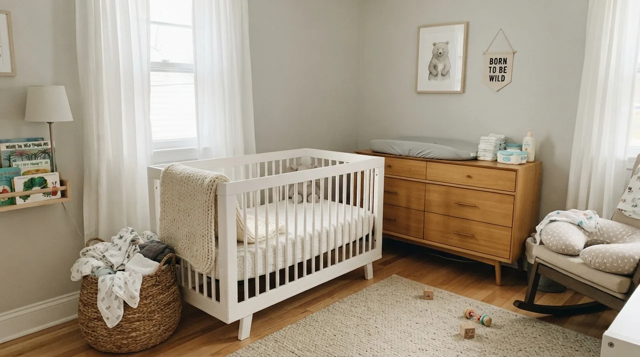 Nursery featuring Classic Gray walls, light wood dresser, and white crib.