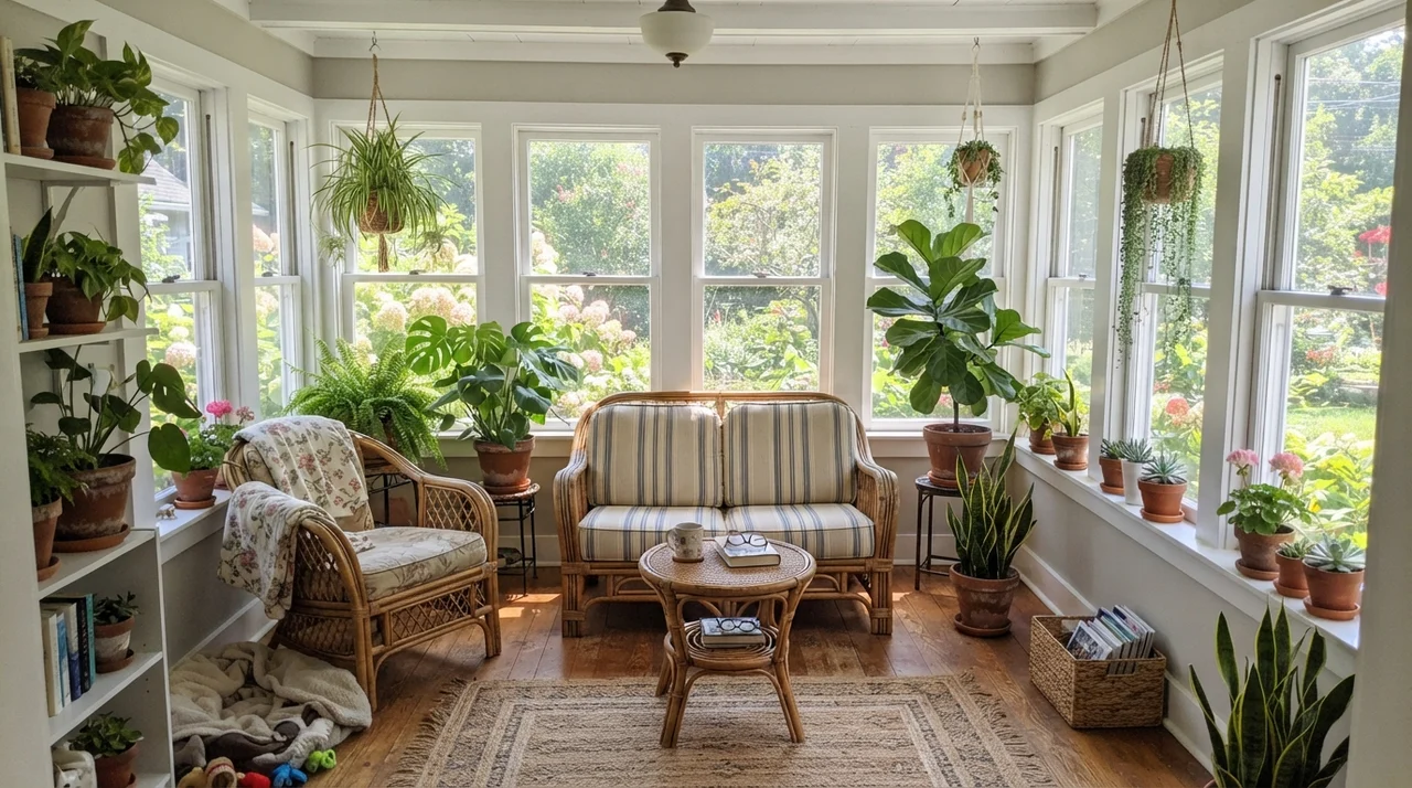 Sunroom with Classic Gray wall sections between white window frames and terracotta pots.