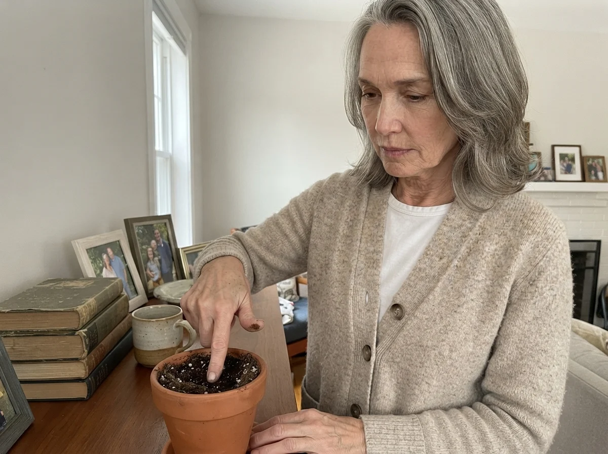 Susan checking the soil of a potted plant in a room painted Benjamin Moore Classic Gray.