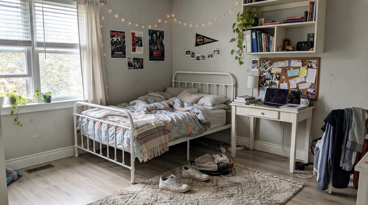 Teenager's room with Classic Gray walls, desk, bookshelves, and casual decor.