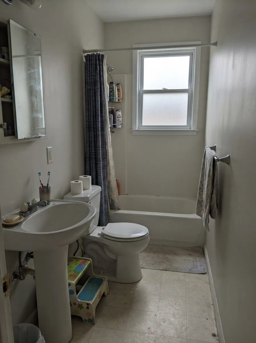 Small bathroom looking muted and gray under overcast daylight.
