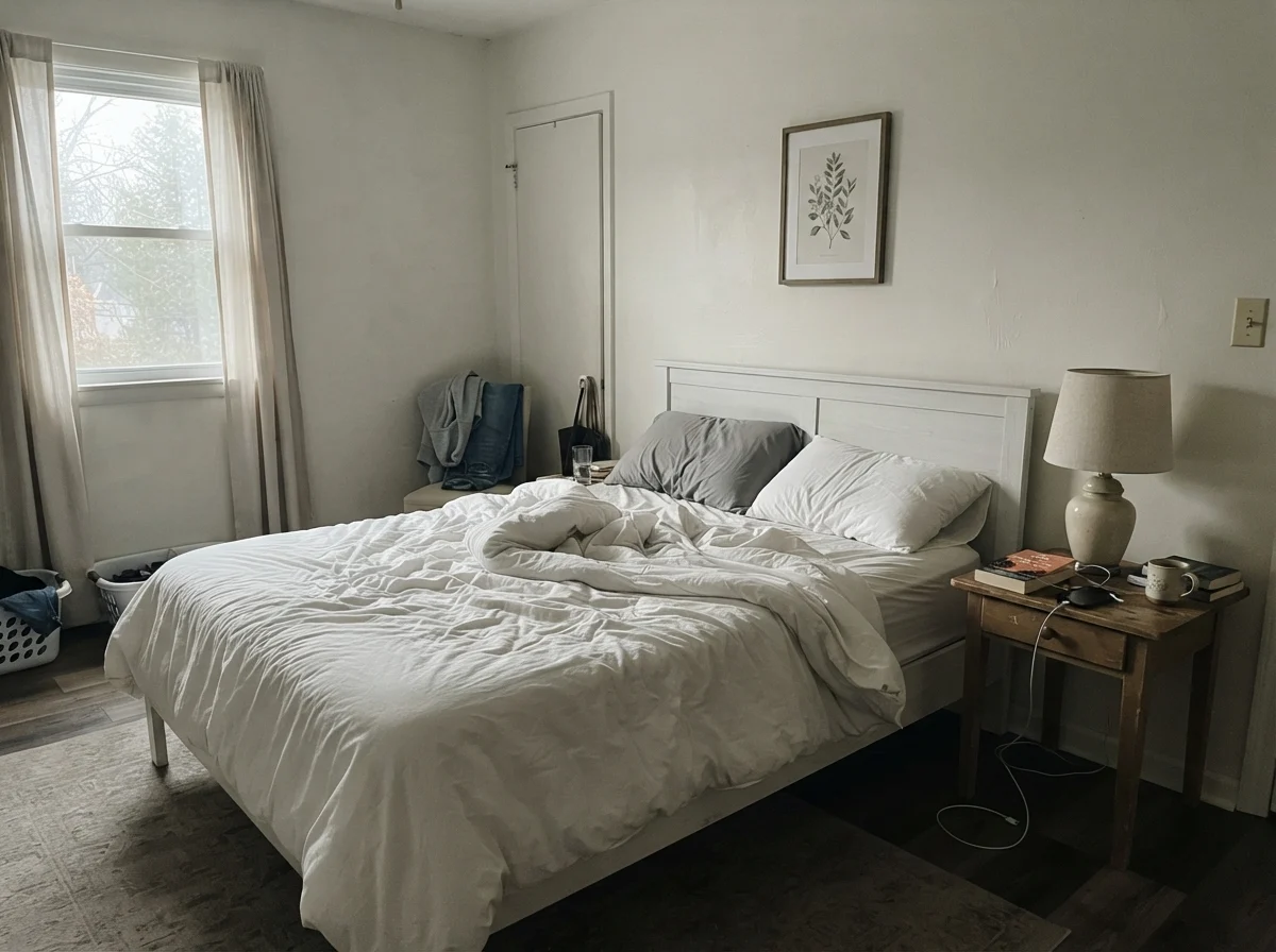 Bedroom with unmade white bedding and pale walls in early morning light.