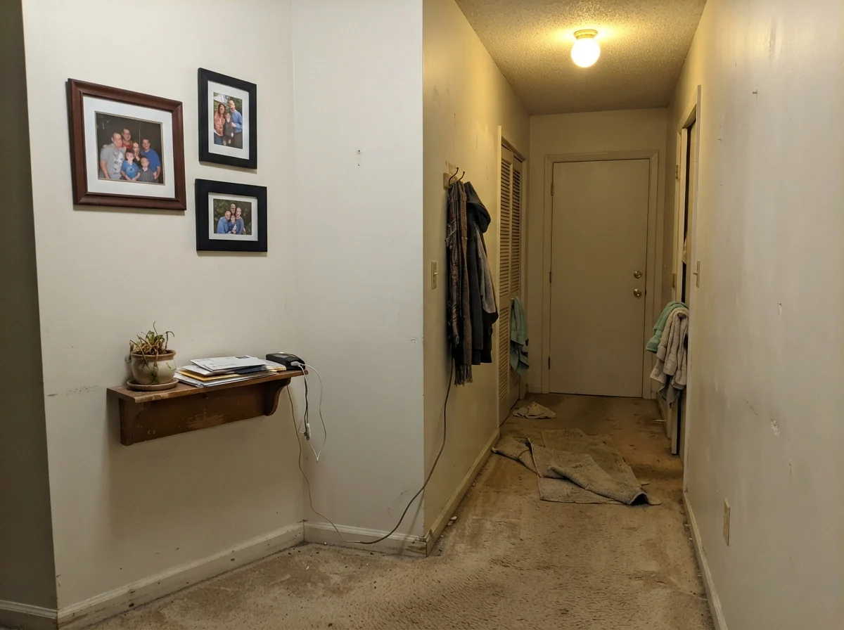 Dim windowless hallway with muddy-looking paint under single ceiling bulb.