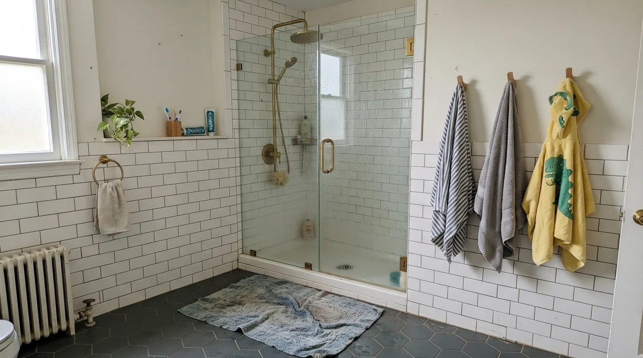 Family bathroom with upper walls painted warm white above subway tile wainscoting with brass fixtures.