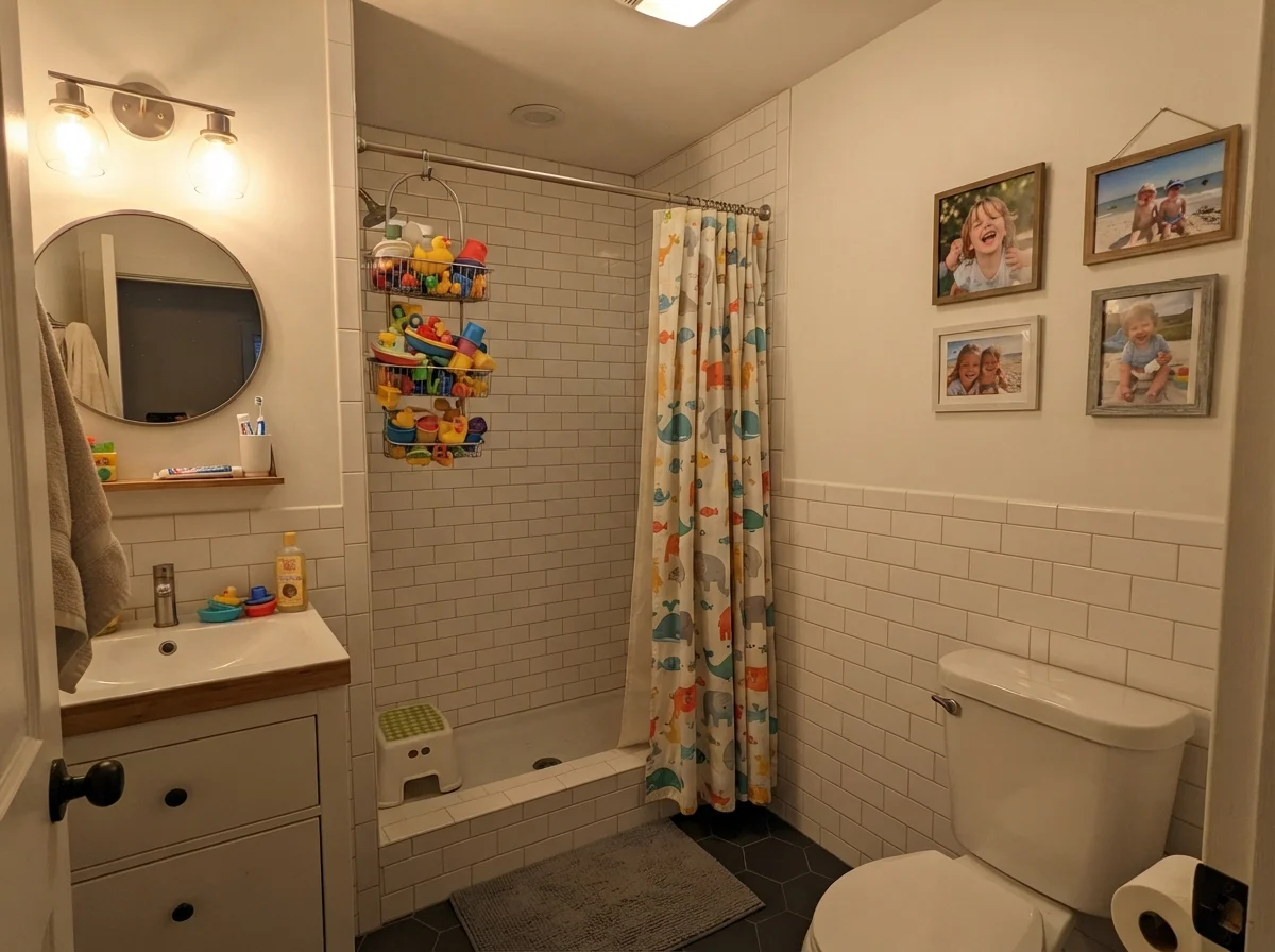 Kids bathroom with painted walls over subway tile and bath toys in wire basket.