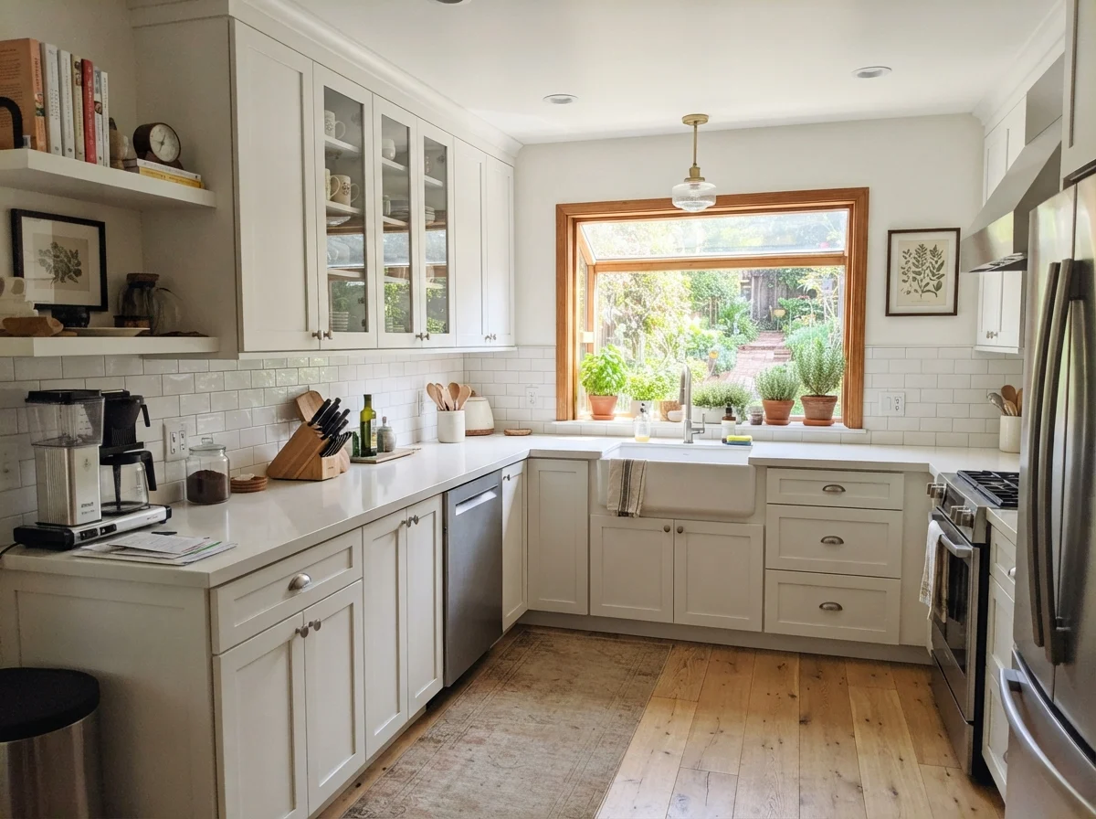 Kitchen shaker cabinets painted warm white with subway tile backsplash and oak floors.