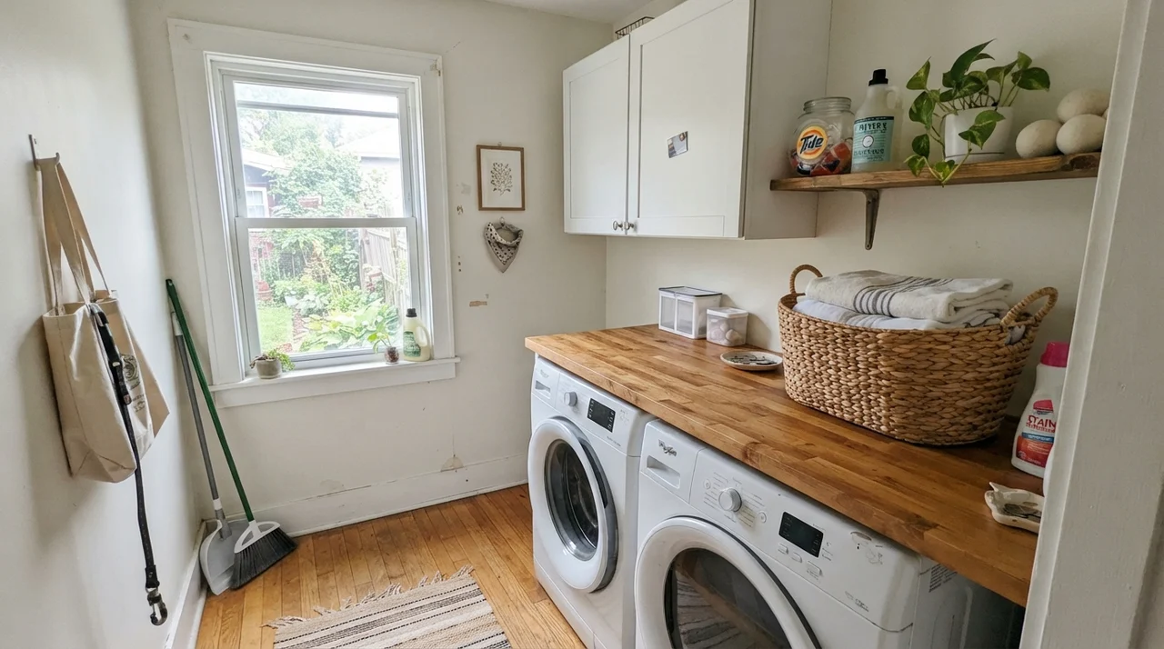 Small laundry room with painted walls, butcher block counter, and washer dryer.