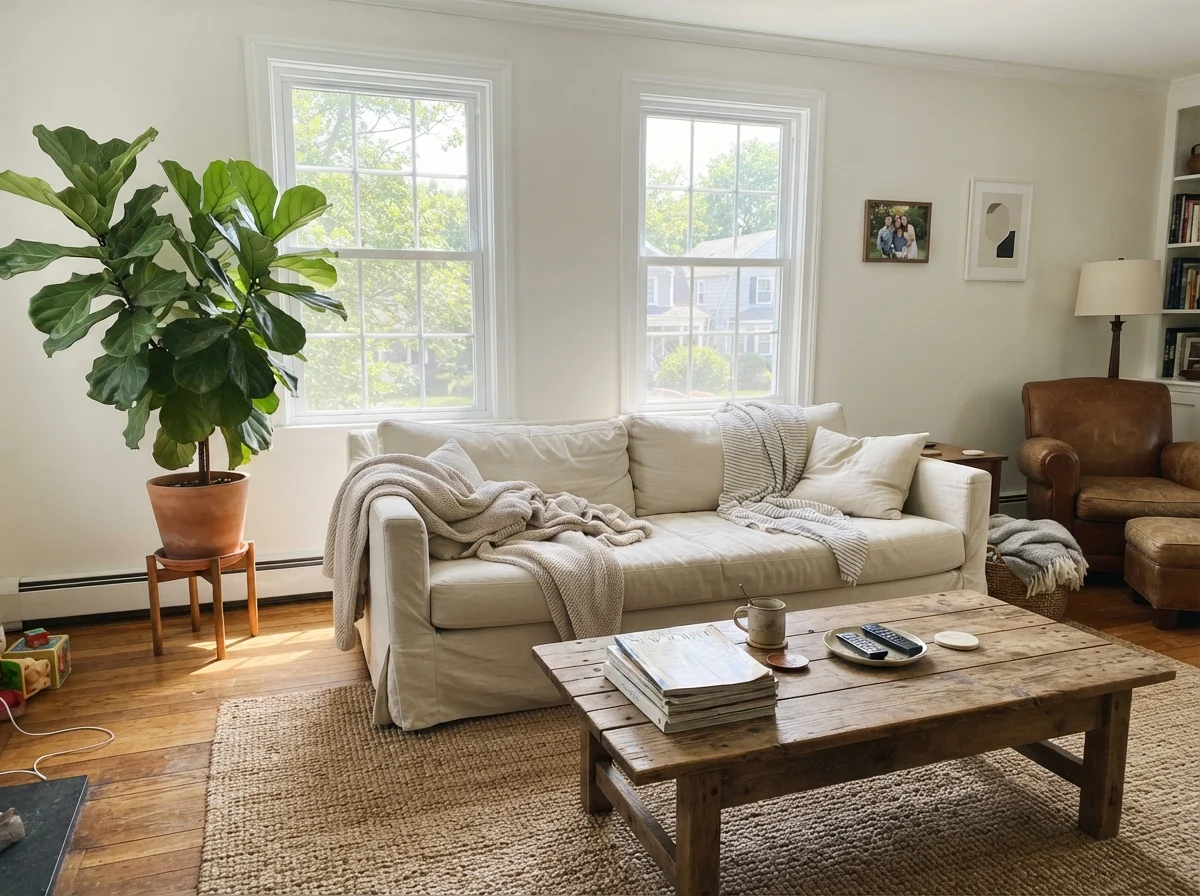 Living room with linen sofa, jute rug, and warm white walls in bright sun.