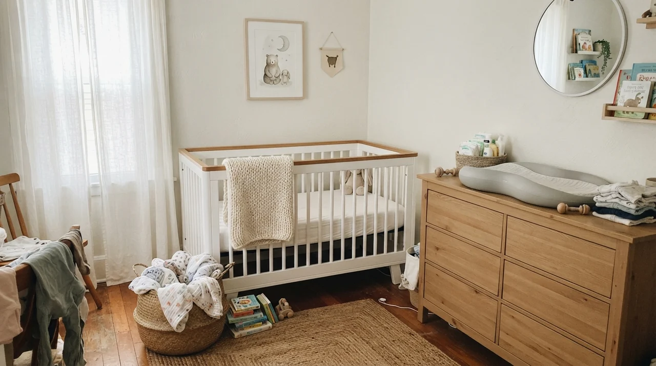 Nursery with white crib, knit blanket, and light wood dresser.