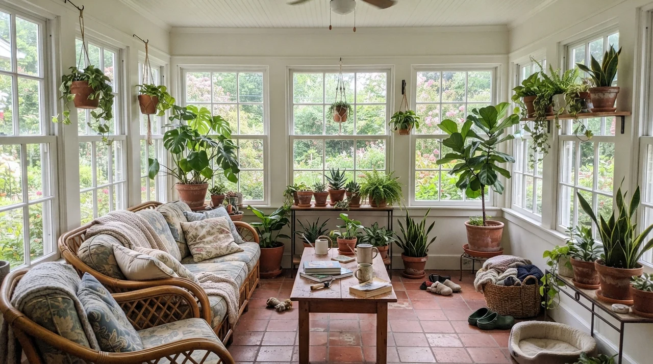 Sunroom with rattan furniture, terracotta pots, and painted walls between windows.