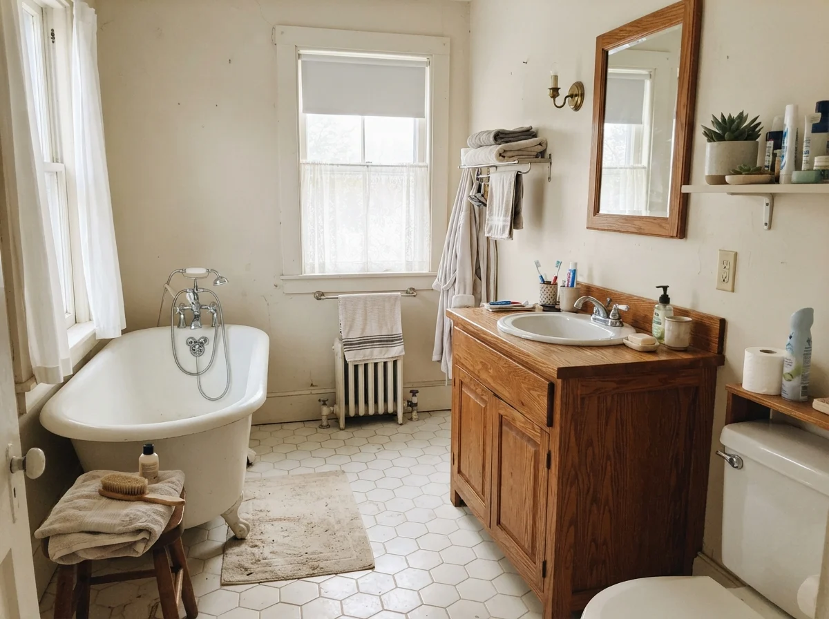 Cottage bathroom with Creamy White walls, a white clawfoot tub, and a warm oak vanity.