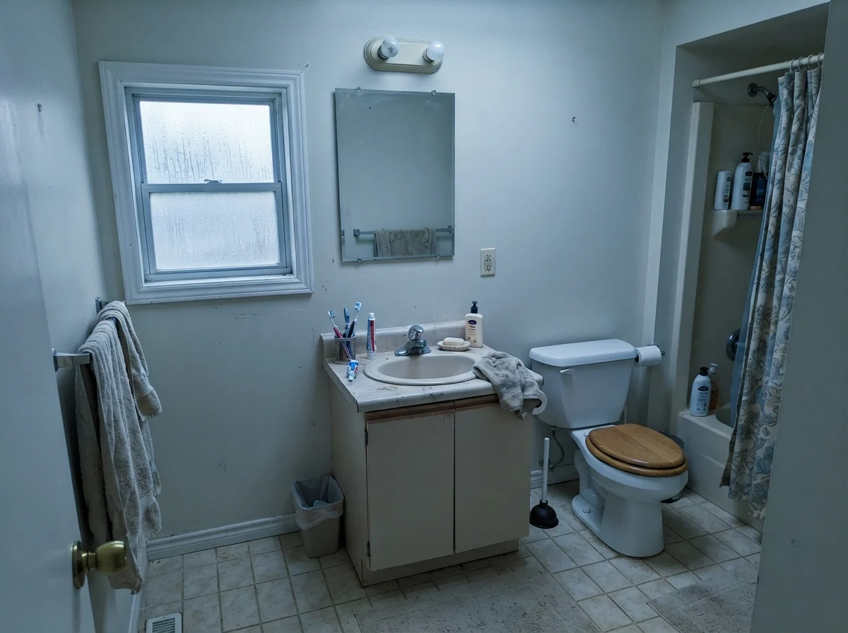 Modest dated bathroom with Creamy White walls showing a cool cast from north light.