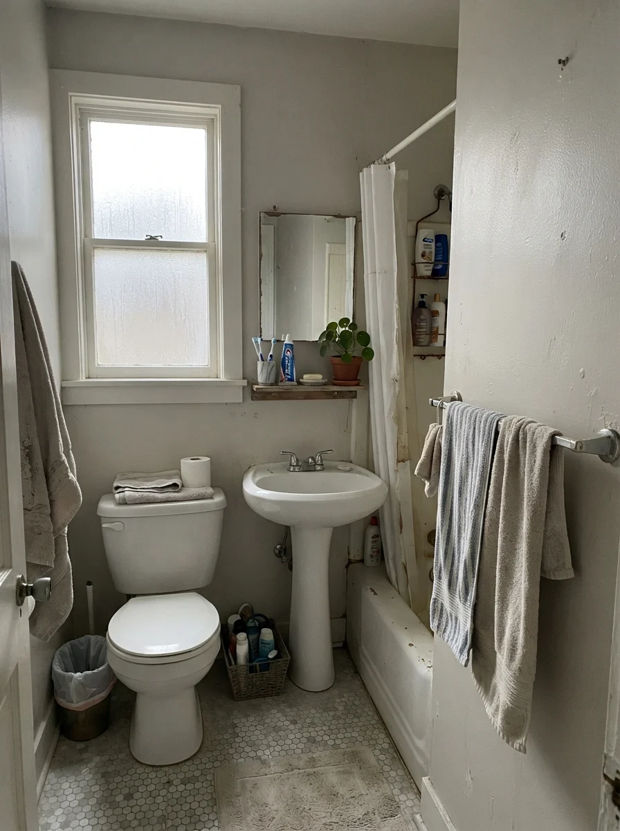Small bathroom with painted walls reading muted under flat overcast window light.