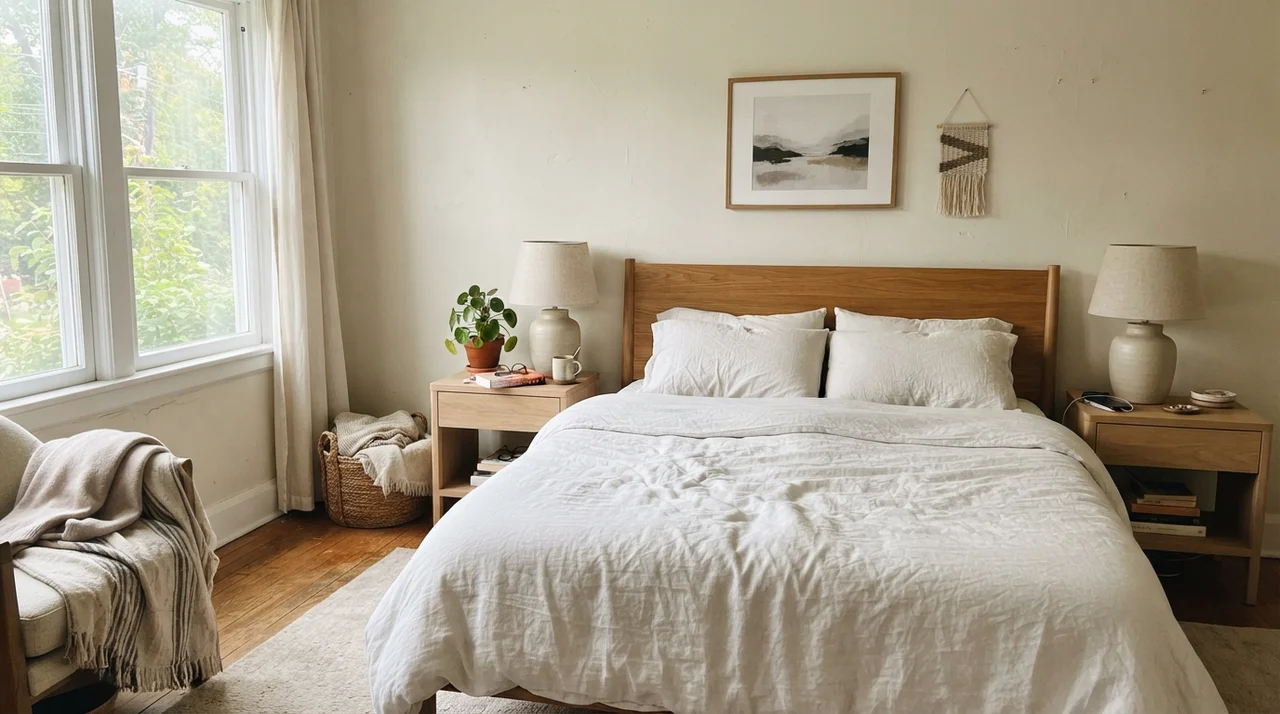 Main bedroom with Creamy White walls, white bedding, and pale oak nightstands.