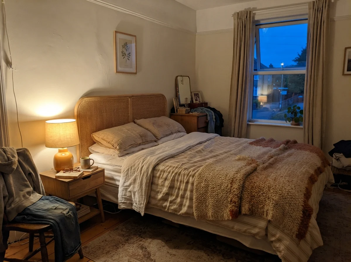 Bedroom with a warm table lamp lighting a Creamy White wall at evening beside a rattan headboard.