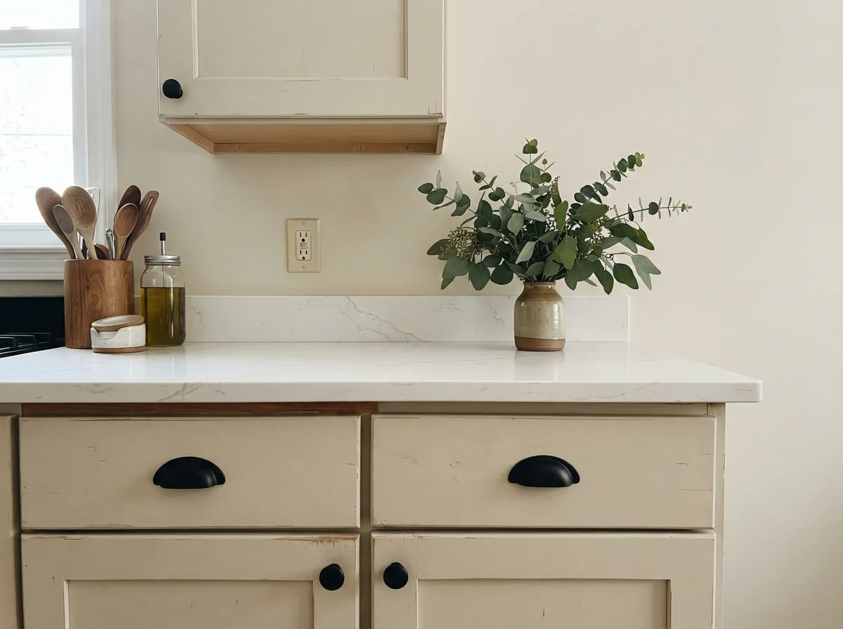 Close-up of Creamy White painted shaker cabinets with black hardware and quartz counter.