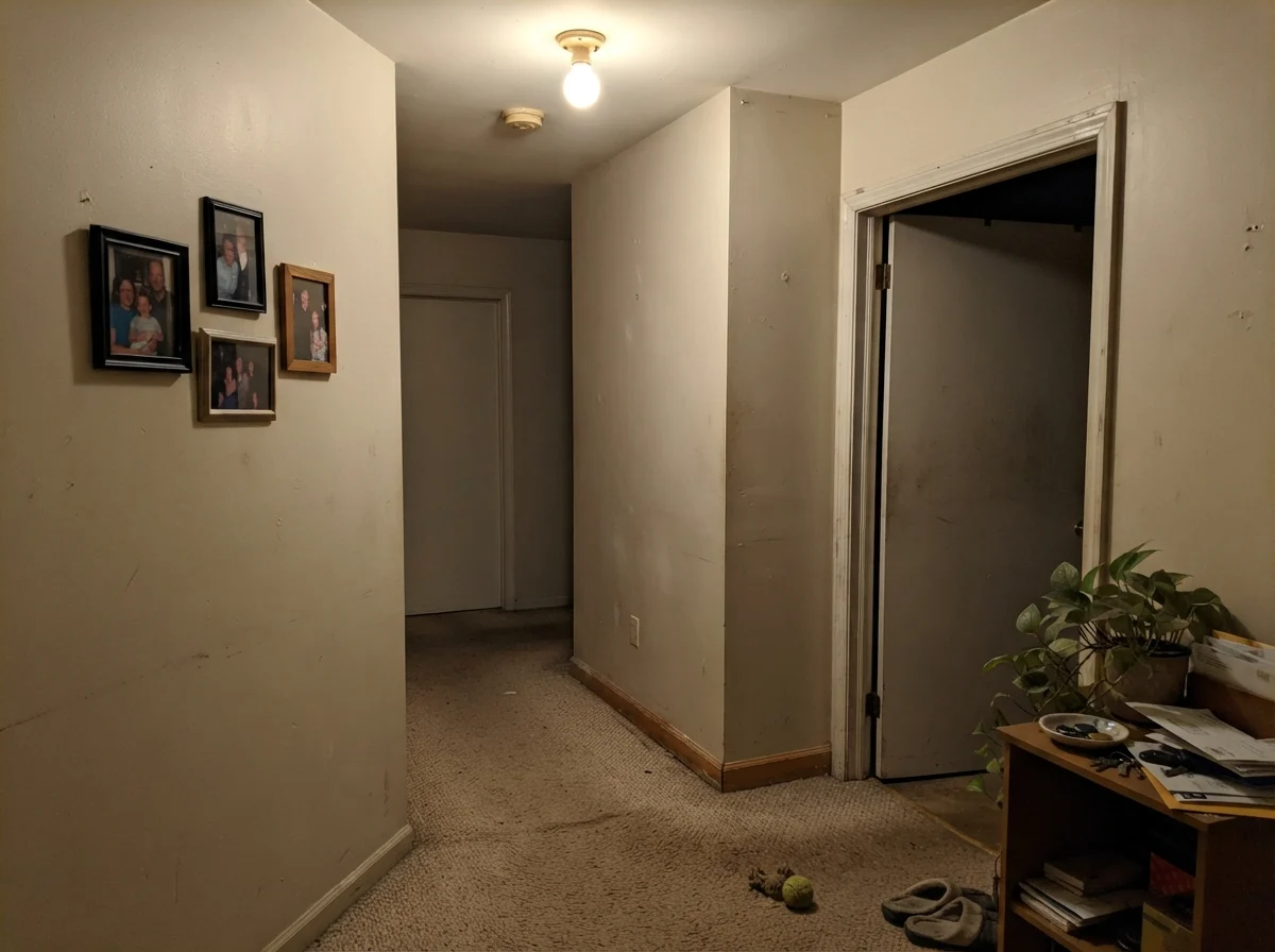 Unflattering windowless hallway corner showing Creamy White looking dull and muddy.