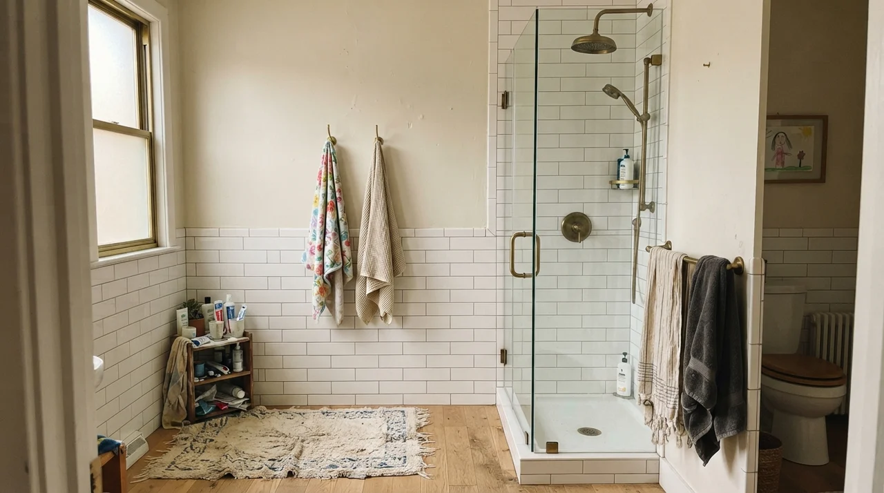 Family bathroom with upper walls in Creamy White above white subway tile wainscot, brass fixtures, and soft daylight from a side window.