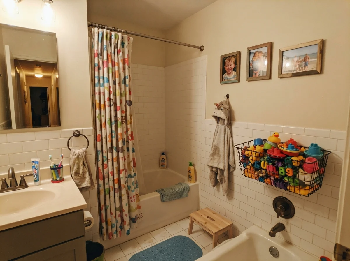Kids bathroom with Creamy White walls over subway tile lit by cozy evening bulbs.