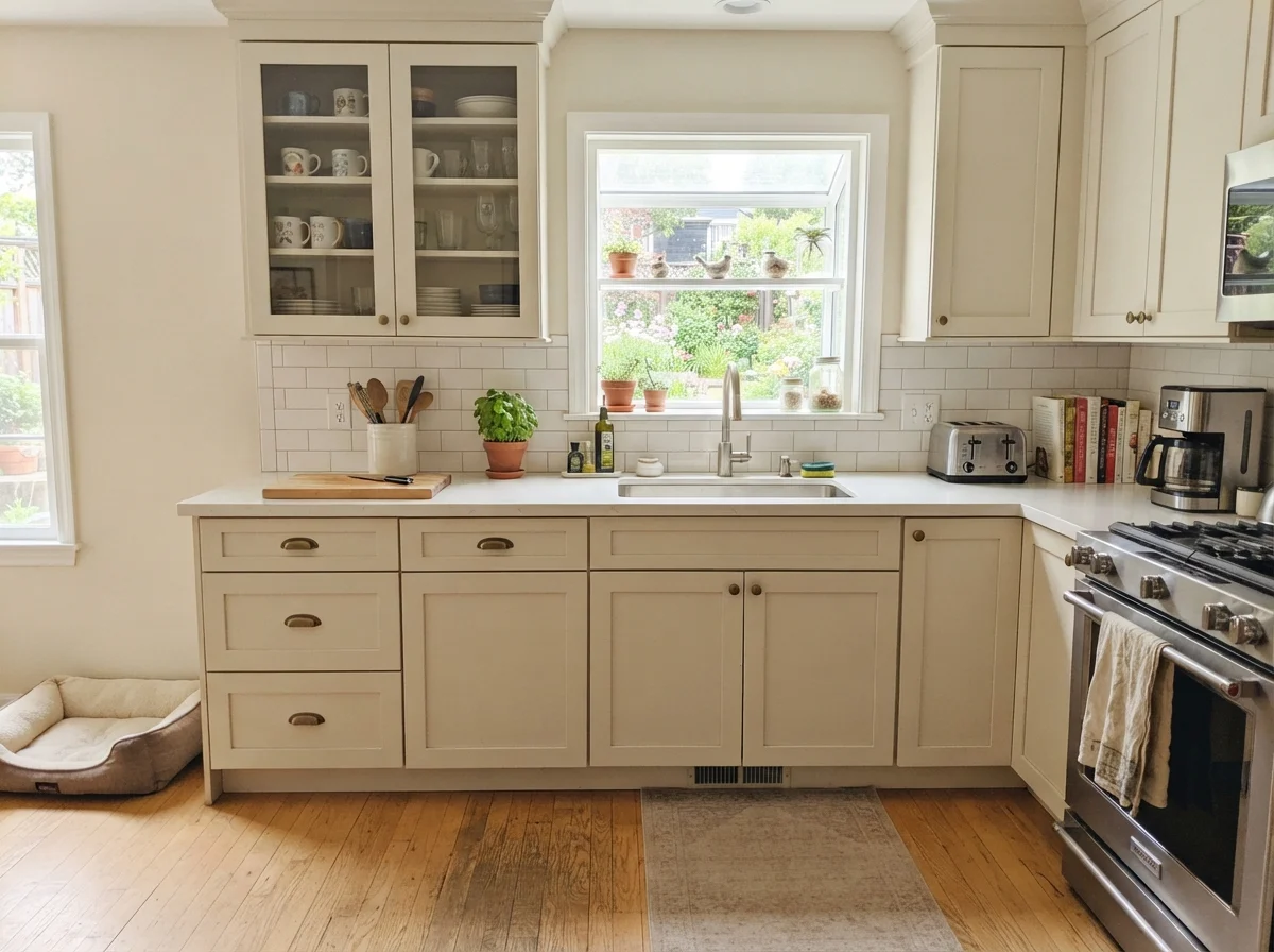 Kitchen shaker cabinets painted Creamy White with white subway tile and white counters.