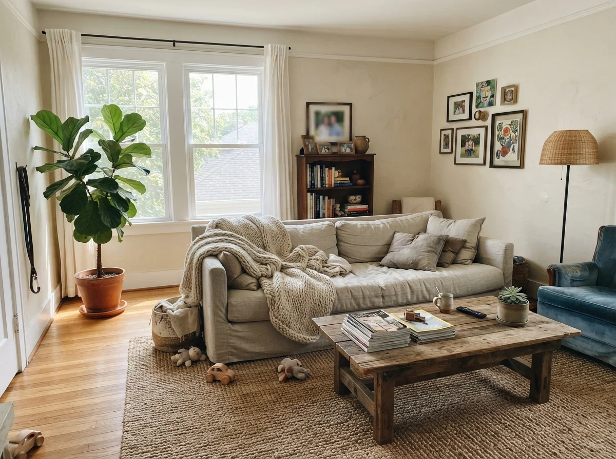 Living room with Creamy White walls in generous midday sun with a linen couch and wood table.